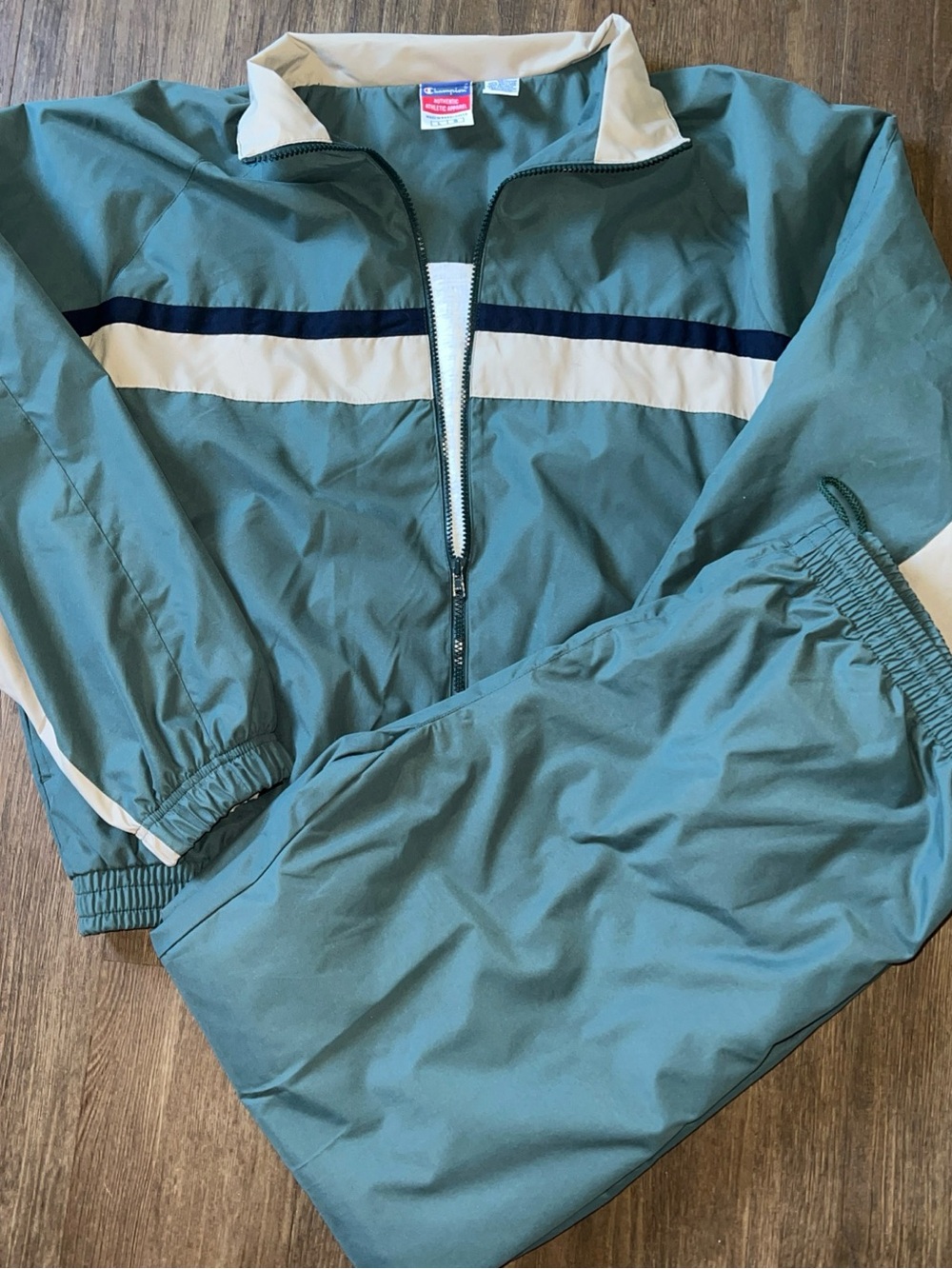 Champion Teal and Cream Two-Piece Track Set with Navy Stripe
